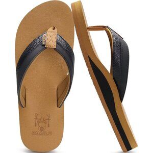 👑Men's Flip Flop Sandal Black Khaki Leather Slip On Arch Support Comfort Shoes